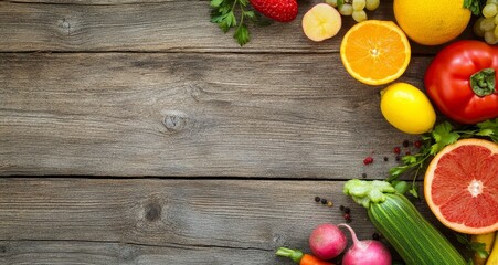 Vibrant fruits and vegetables arranged on rustic wooden surface, leaving copy space.