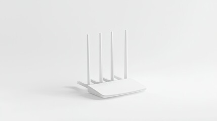 Minimalist white wireless router with four antennas on a white background.