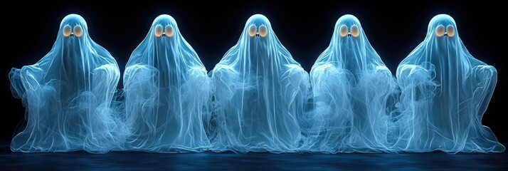 Five ghostly figures with glowing eyes, creating a whimsical and playful atmosphere.