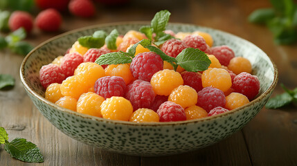 Fototapeta premium A bowl of fruit with strawberries, kiwi, and cherries. The bowl is brown and has a green leaf on top