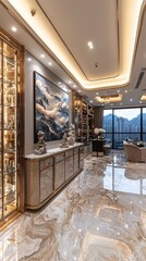 Chic Minimalist Home Interior: Modern Living Room with Stylish Cabinet and Stone Sculpture