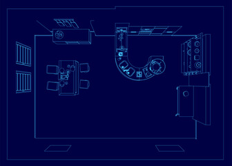 Blue drawing of a kitchen with a curved counter and a sink. The kitchen is empty and has a modern design