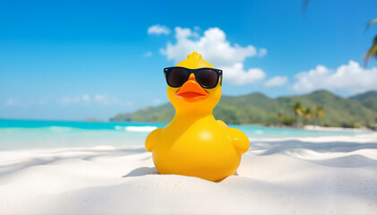 Obraz premium Yellow rubber duck wearing sunglasses on a sandy beach against a blue sky