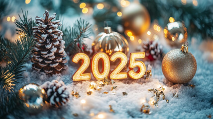 2025年を祝うクリスマス装飾と光の演出