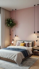 Minimalist bedroom, interior design, cartoon 3d illustration 