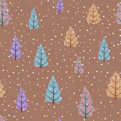 Snow covered winter forest seamless pattern on mocha brown color background. Fir spruce trees landscape of different pastel colors in snowfall. Merry Christmas, New Year holiday design. 