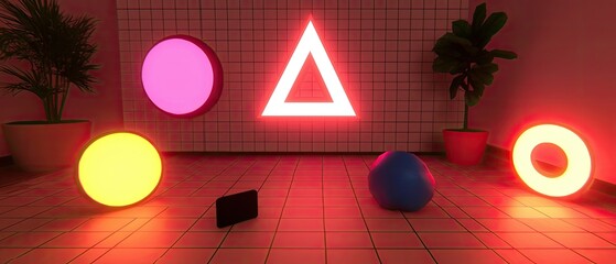 Neon geometric shapes in a retro room with plants.