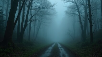 Eerie Foggy Forest Path