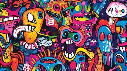 Vibrant colorful doodle monster characters background.