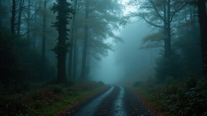 Mystical Forest Road: Foggy Autumn Path