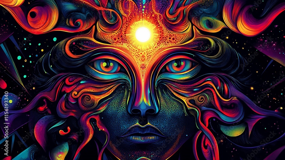 Poster vibrant cosmic face with swirling, fiery patterns and glowing eyes.
