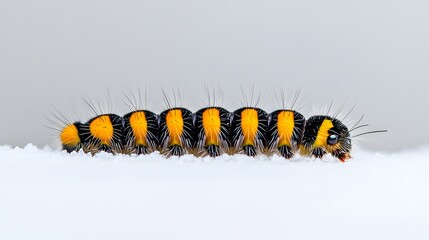 Fototapeta premium Black and orange hairy caterpillar on white background