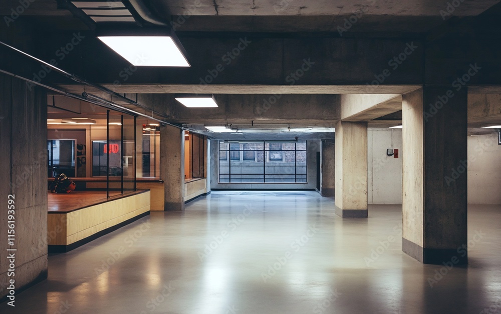 Poster empty modern concrete hallway with large windows and bright lighting.