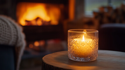 暖炉の灯りに映えるガラスキャンドルホルダーと木製テーブル
