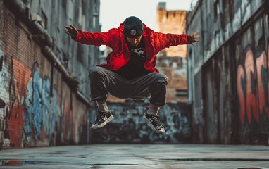 A male breakdancer leaps mid-air in a graffiti-covered alleyway.
