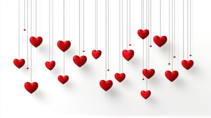 Hanging red hearts on strings against white background symbolizing love and romance The 14th of February. Happy Valentine's Day