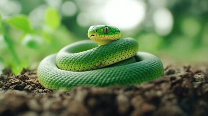 Fototapeta premium Coiled green snake in natural habitat.