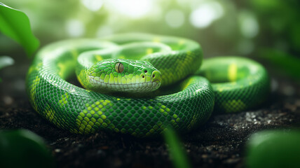 Fototapeta premium A vibrant green snake with yellow accents lying coiled on the forest floor, surrounded by lush foliage and soft sunlight..