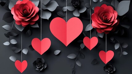Paper hearts and roses hanging on dark wall The 14th of February. Happy Valentine's Day