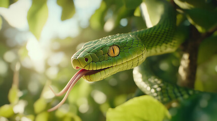 Green snake in sunlight with tongue out.