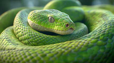 Fototapeta premium A vivid green snake resting in a coiled position, showcasing intricate scales and a focused gaze in a natural setting..