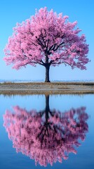 A stunning cherry blossom tree with vibrant pink flowers stands by a tranquil lake, perfectly reflected in the calm water, under a clear blue sky.