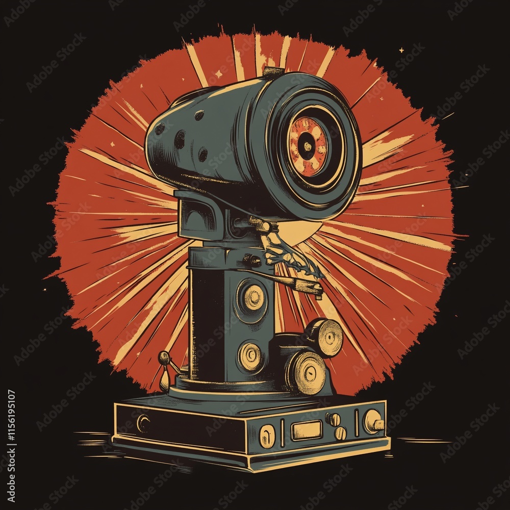 Aufkleber Retro-futuristic robot with a large eye-like lens, standing on a base with various controls, set against a burst of red and orange light.