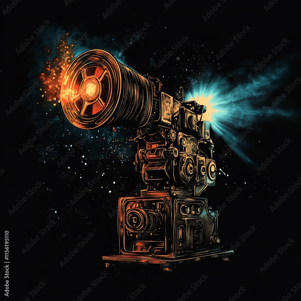 Poster futuristic steampunk-style camera projecting light and fire in space.