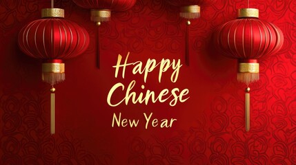 Naklejka premium Red lanterns and calligraphy for chinese new year celebration on rich patterned background Happy Chinese New Year