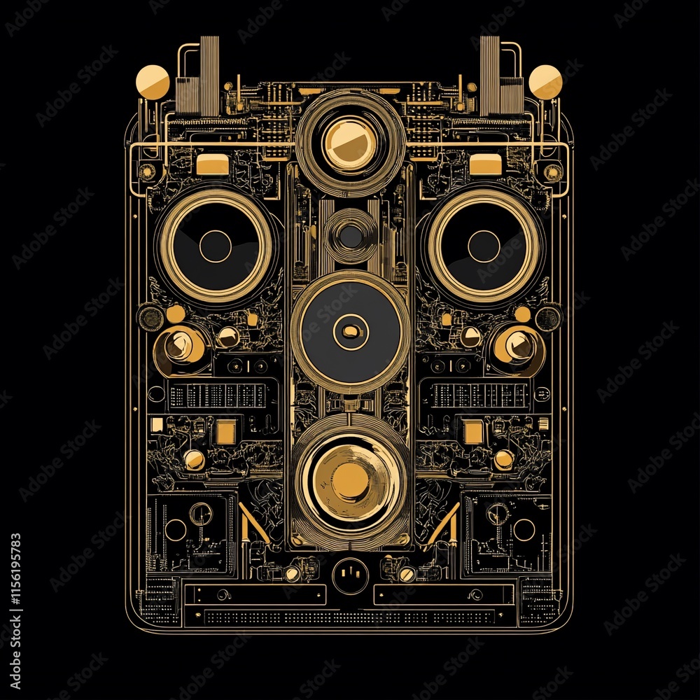 Poster abstract steampunk-style illustration of a complex golden device on a black background.