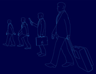 Man is walking with a briefcase and a suitcase. He is holding a cell phone in his hand