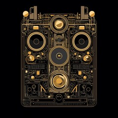 Abstract steampunk-style illustration of a complex golden device on a black background.
