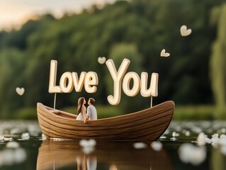 Romantic 3D rendering of a couple in a wooden boat with 'Love You' sign surrounded by floating hearts