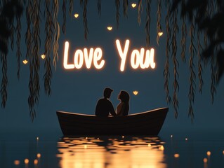 Obraz premium Romantic illustration of a couple in a boat at night surrounded by glowing 'Love You' text and hanging branches