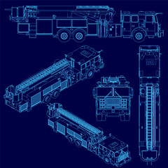 Blue drawing of a fire truck with a ladder on the front. The drawing is in black and is a close up of the truck