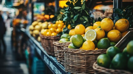 A basket of lemons and limes are on display at a market