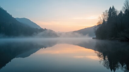 Obraz premium Misty Sunrise Serenity: A Tranquil Mountain Lake Reflection