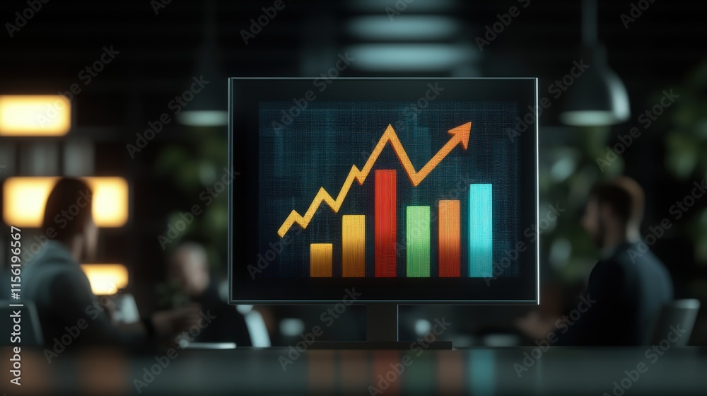 Poster modern business meeting with growth graph displayed on screen, focus on team discussion and strategi