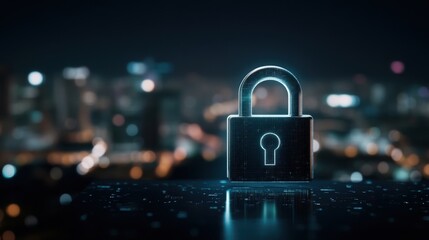 Digital Lock with Glowing Effect Against a Blurred Cityscape at Night, Symbolizing Cybersecurity, Data Protection, and Online Safety in a Modern World