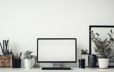 Minimalist workspace with computer, plants, and stationery.