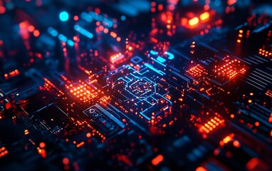Fototapeta premium Abstract digital circuit board with glowing red and blue lines, nodes, and connections.