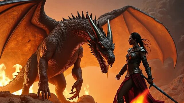 woman worrier and dragon in the fire