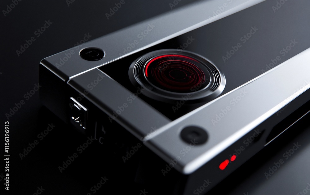 Poster Close-up of a sleek, silver and black technological device with a red illuminated circular sensor.