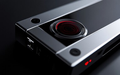 Fototapeta premium Close-up of a sleek, silver and black technological device with a red illuminated circular sensor.