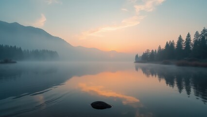 Fototapeta premium Misty Mountain Sunrise Serenity: Tranquil Lake Reflection