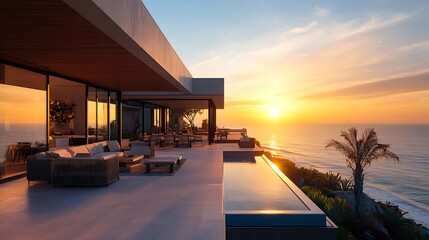Oceanfront Luxury Villa at Sunset: Modern Architecture and Breathtaking Views