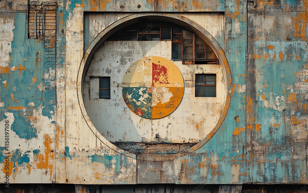 Poster weathered building facade with circular design, featuring faded paint and exposed brickwork.
