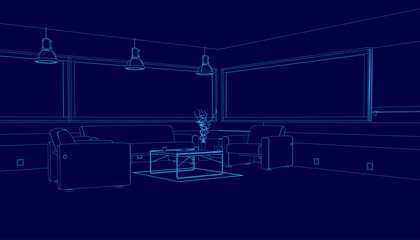 Blue room with a table and a vase. The room is empty and the vase is the only object in the room