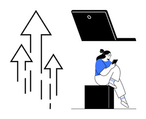 Woman using phone while sitting near laptop. Upward arrows signify growth and progress. Ideal for business growth, personal development, technology, productivity, remote work, career advancement
