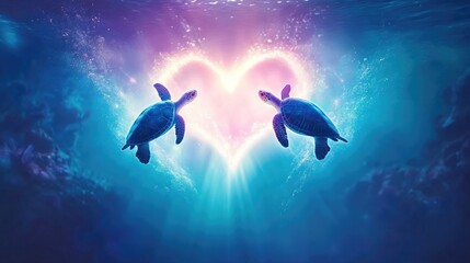 Magical sea turtles embracing heart-shaped light in ocean depths The 14th of February. Happy Valentine's Day